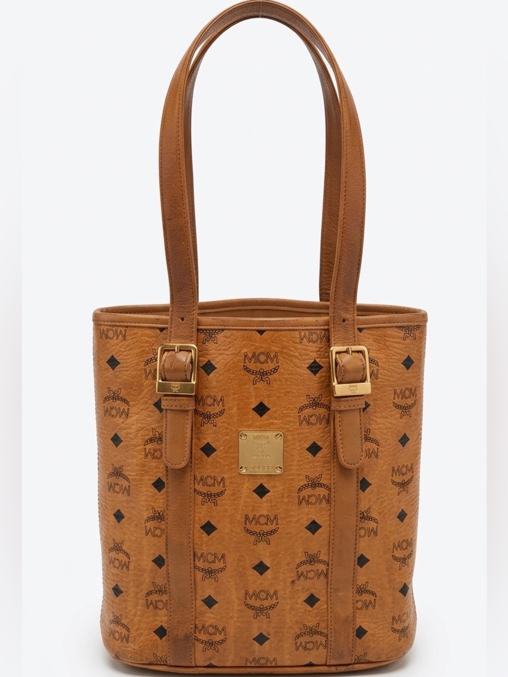 MCM Cognac Visetos Logo Bucket Tote with Gold Hardware